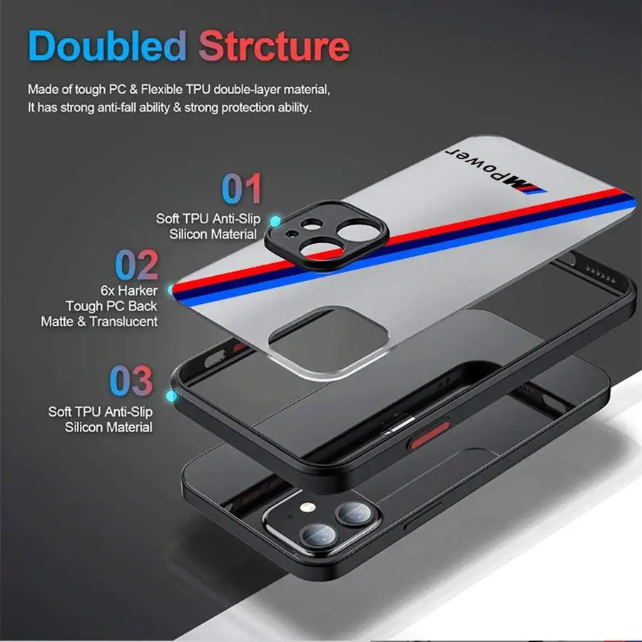 BMW Luxury Shockproof iPhone Case – Matte Transparent Back, TPU + PC, Anti-Scratch & Dustproof, Compatible with iPhone 7–16 Series