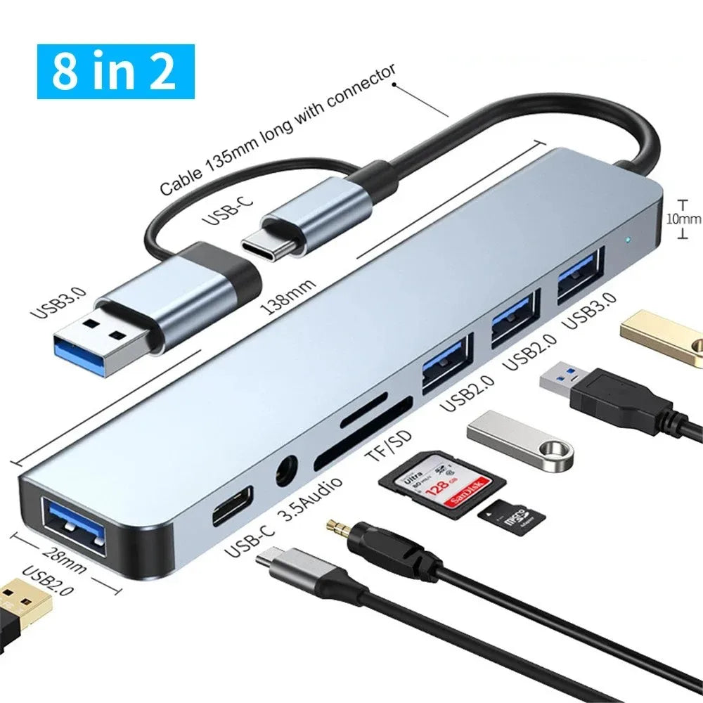 8 Port 5Gbps USB 3.0 HUB USB-C HUB Docking Station High Speed Splitter Multiport OTG Adapter Card Reader for PC / Laptops / MacBook
